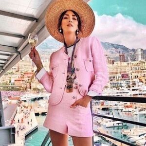 Zara Pink Crystal Button Tweed Boucle Blazer — blogger favorite!